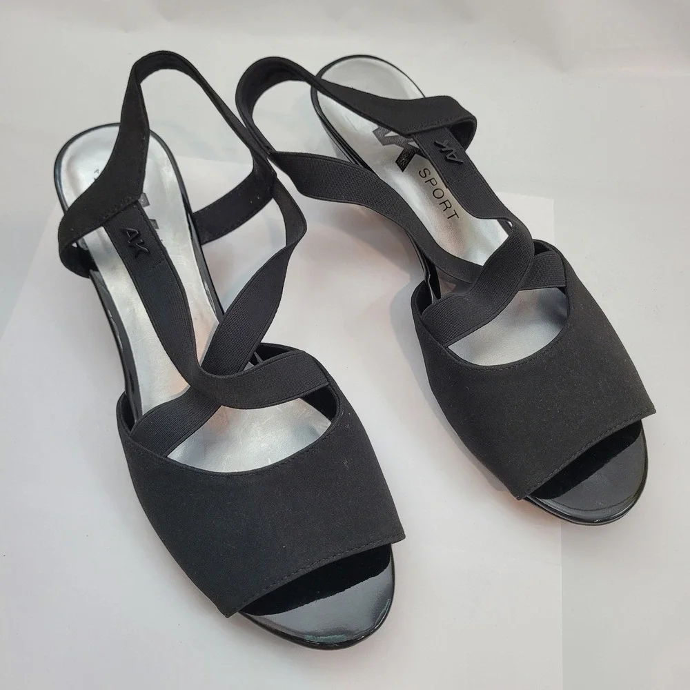 Anne Klein Sport AKMEME Wedge Sandals Womens 11 Black Elastic Straps Slingback